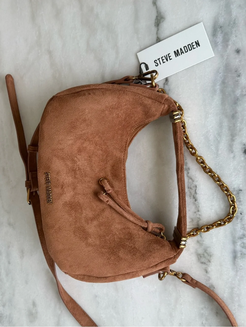 Steve Madden NWT Bpauley 2 Suede Shoulder Bag Latte Brown Gold Chain